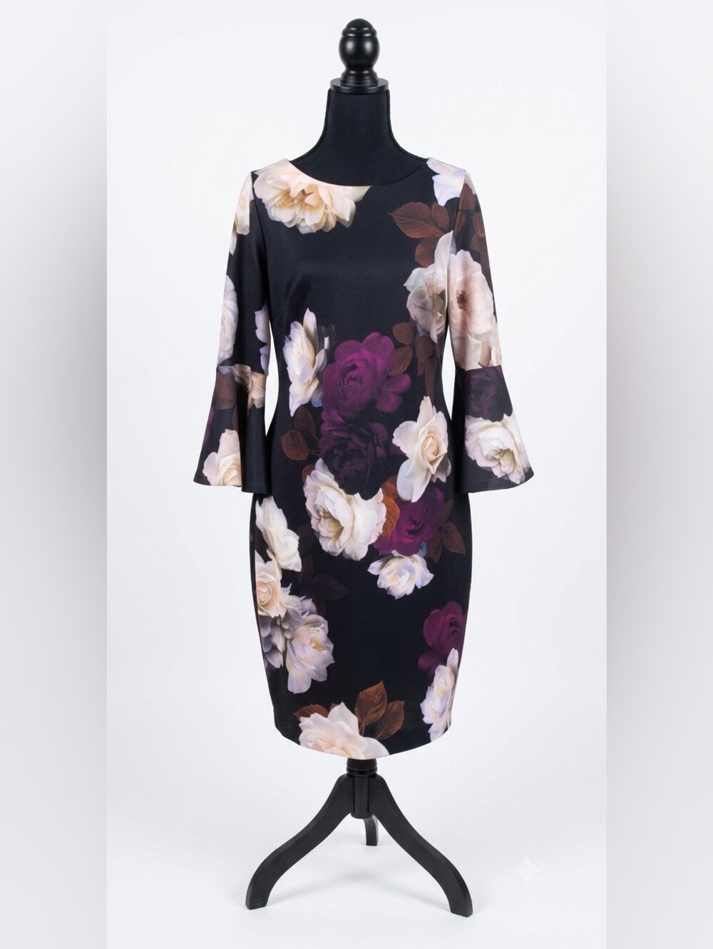 Calvin Klein Black Floral Sheath Dress with Purple & Cream Roses